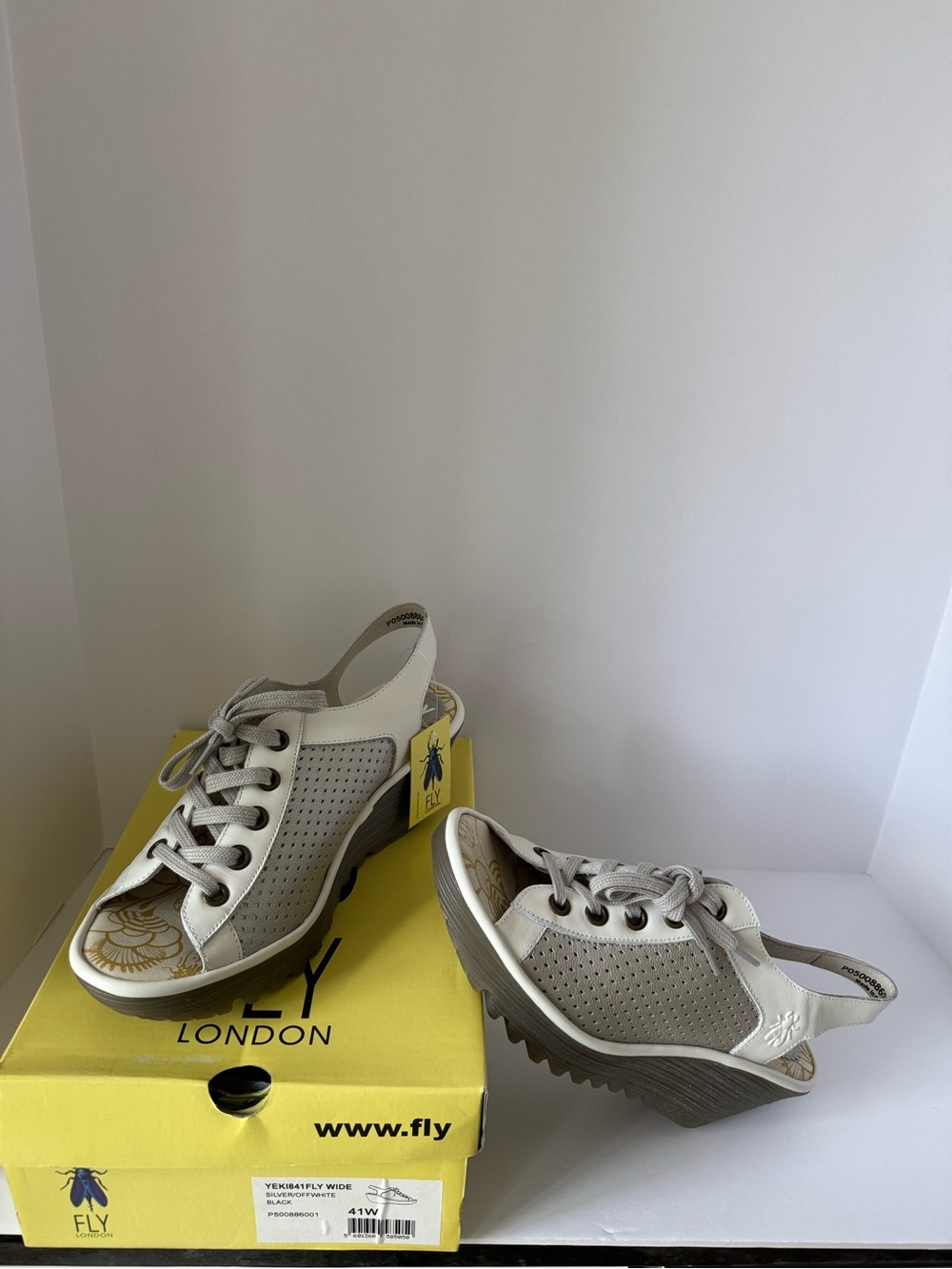 NWT Fly London Silver/White/Black Slingback Wedge Sandals Size 41W